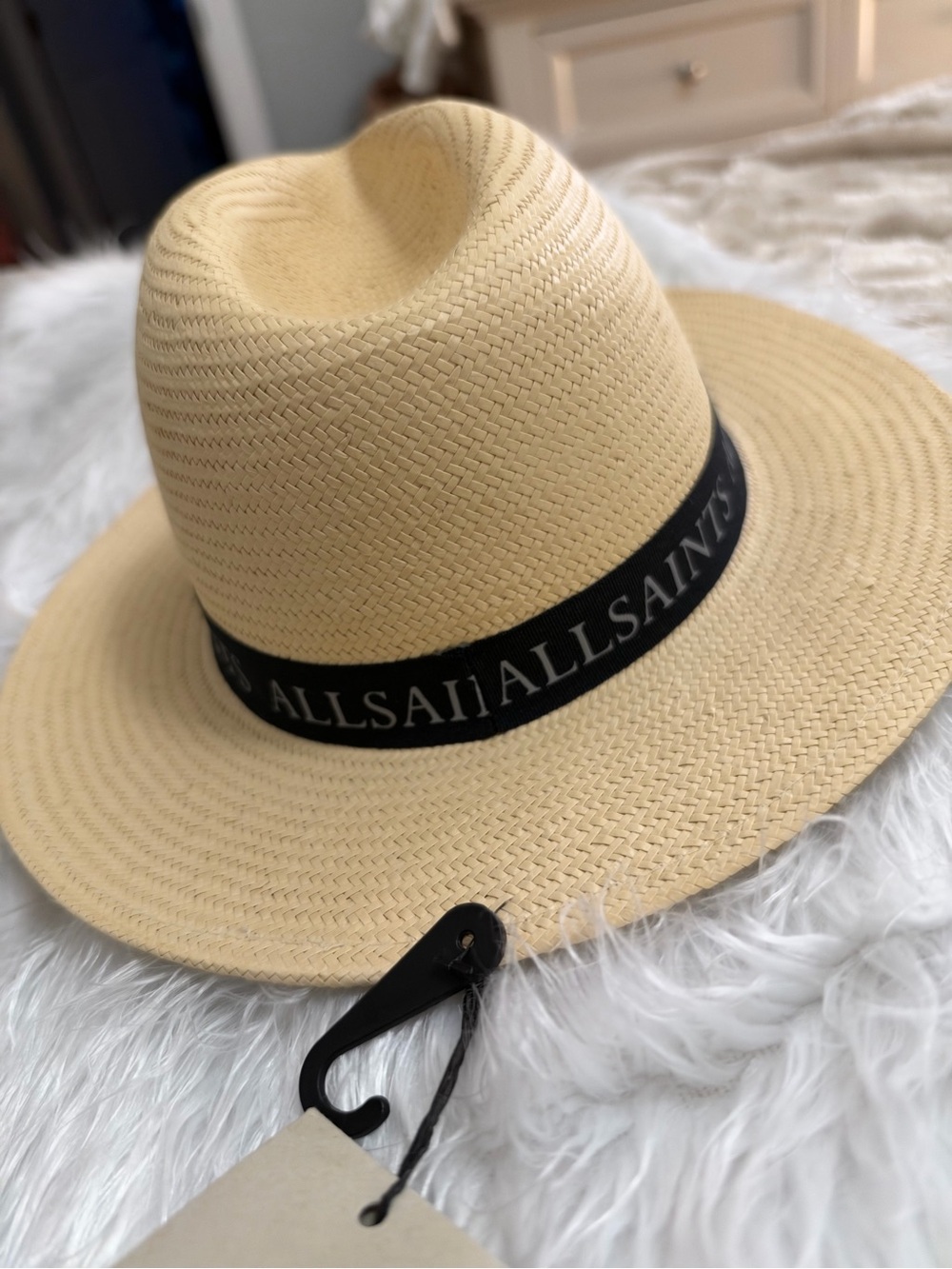 AllSaints Cream Straw Fedora with Branded Black Band